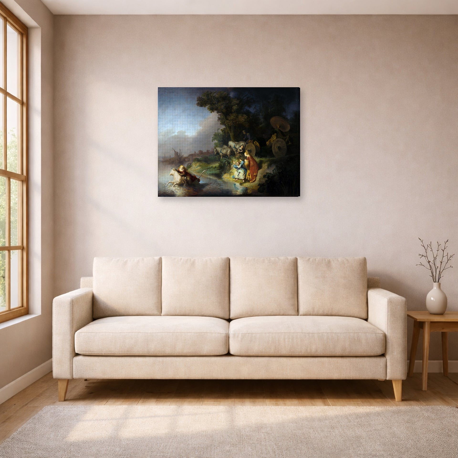 Gallery-wrapped canvas print of Rembrandt's The Abduction of Europa displayed on a wall in a living room