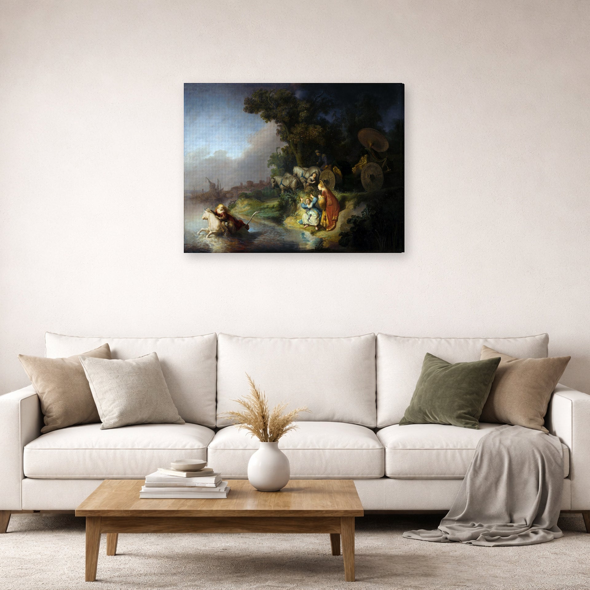 Gallery-wrapped canvas print of Rembrandt's The Abduction of Europa displayed on a wall in a living room