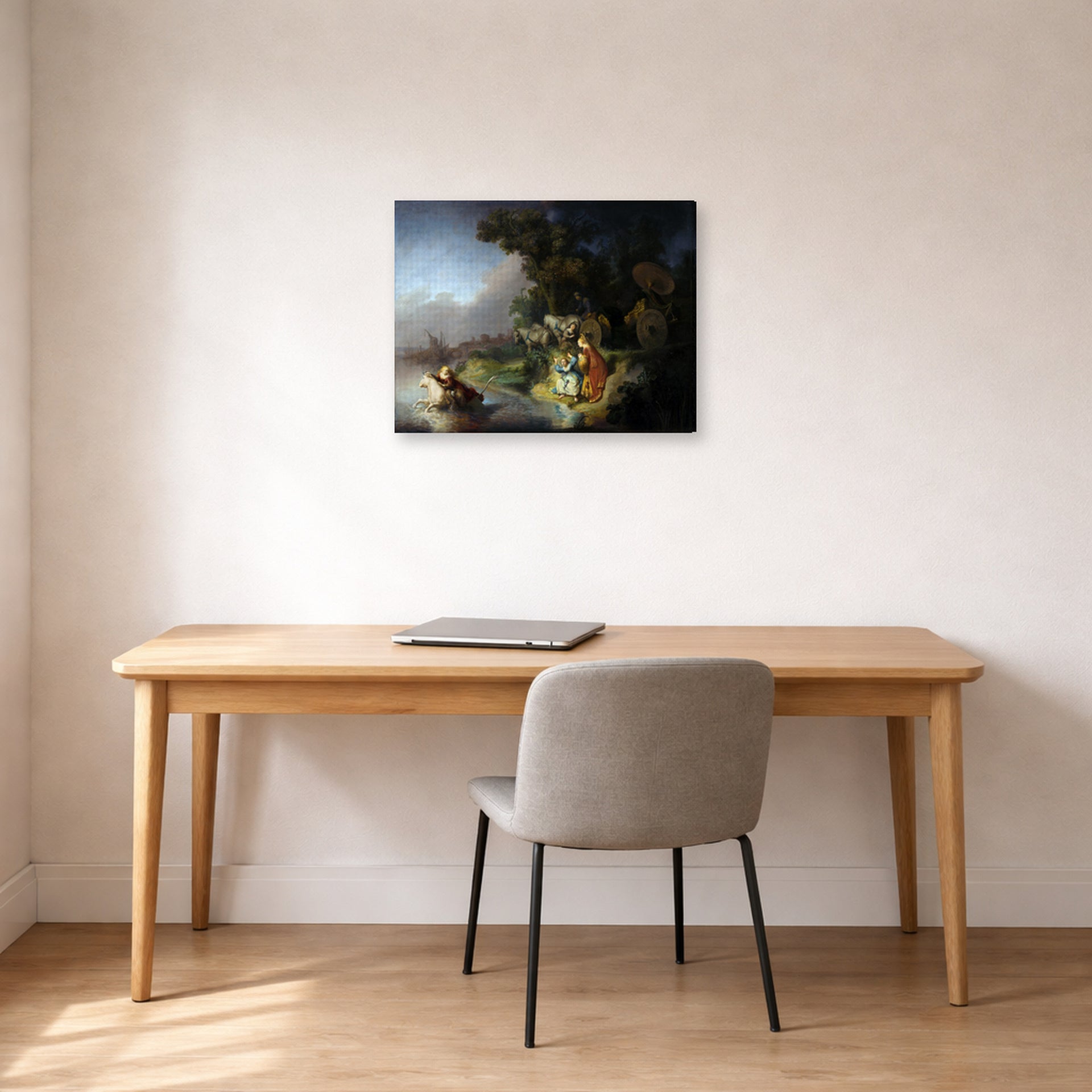 Gallery-wrapped canvas print of Rembrandt's The Abduction of Europa displayed on a wall in an office