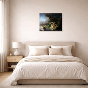 Unframed poster print of Rembrandt's The Abduction of Europa displayed on a wall in a bedroom