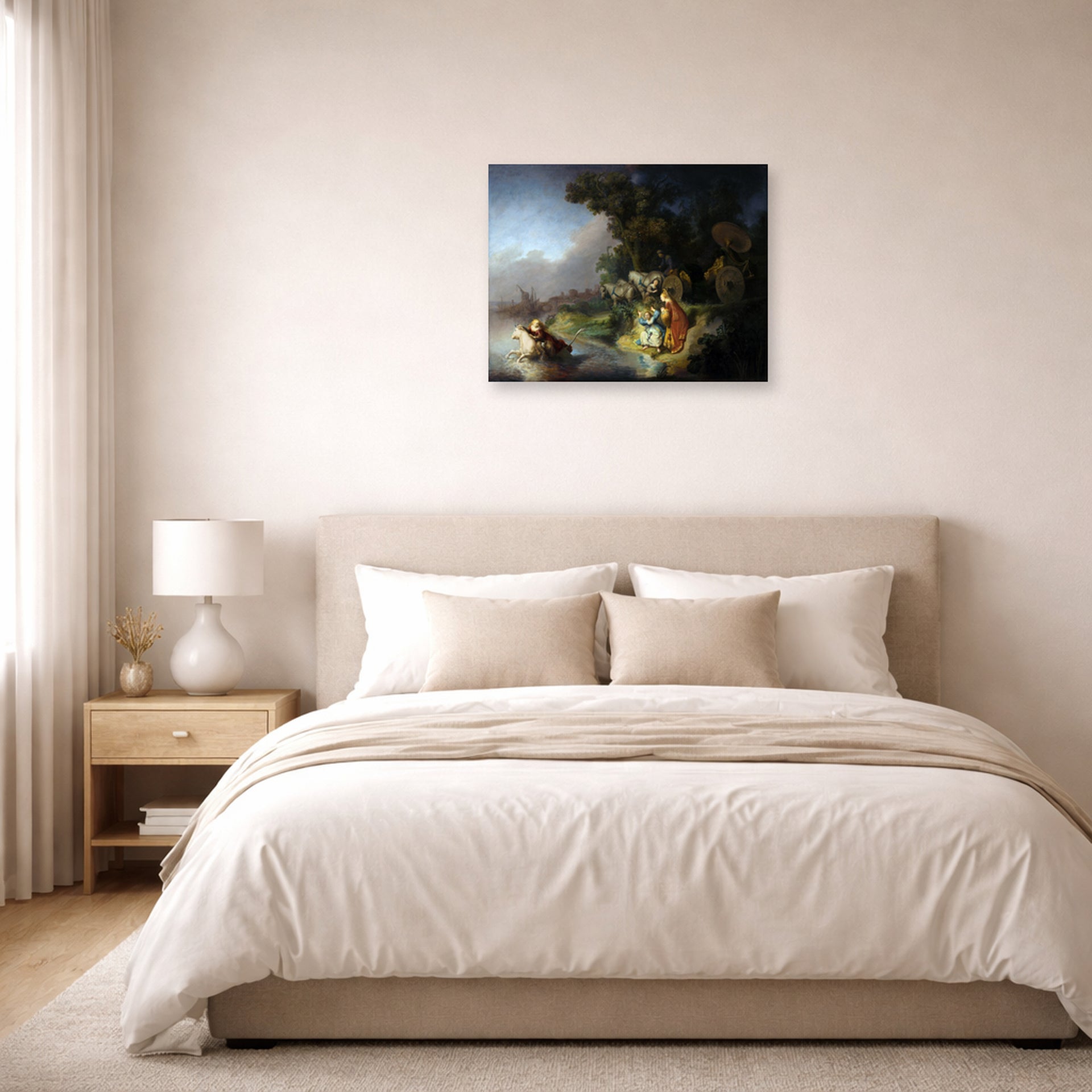 Unframed poster print of Rembrandt's The Abduction of Europa displayed on a wall in a bedroom