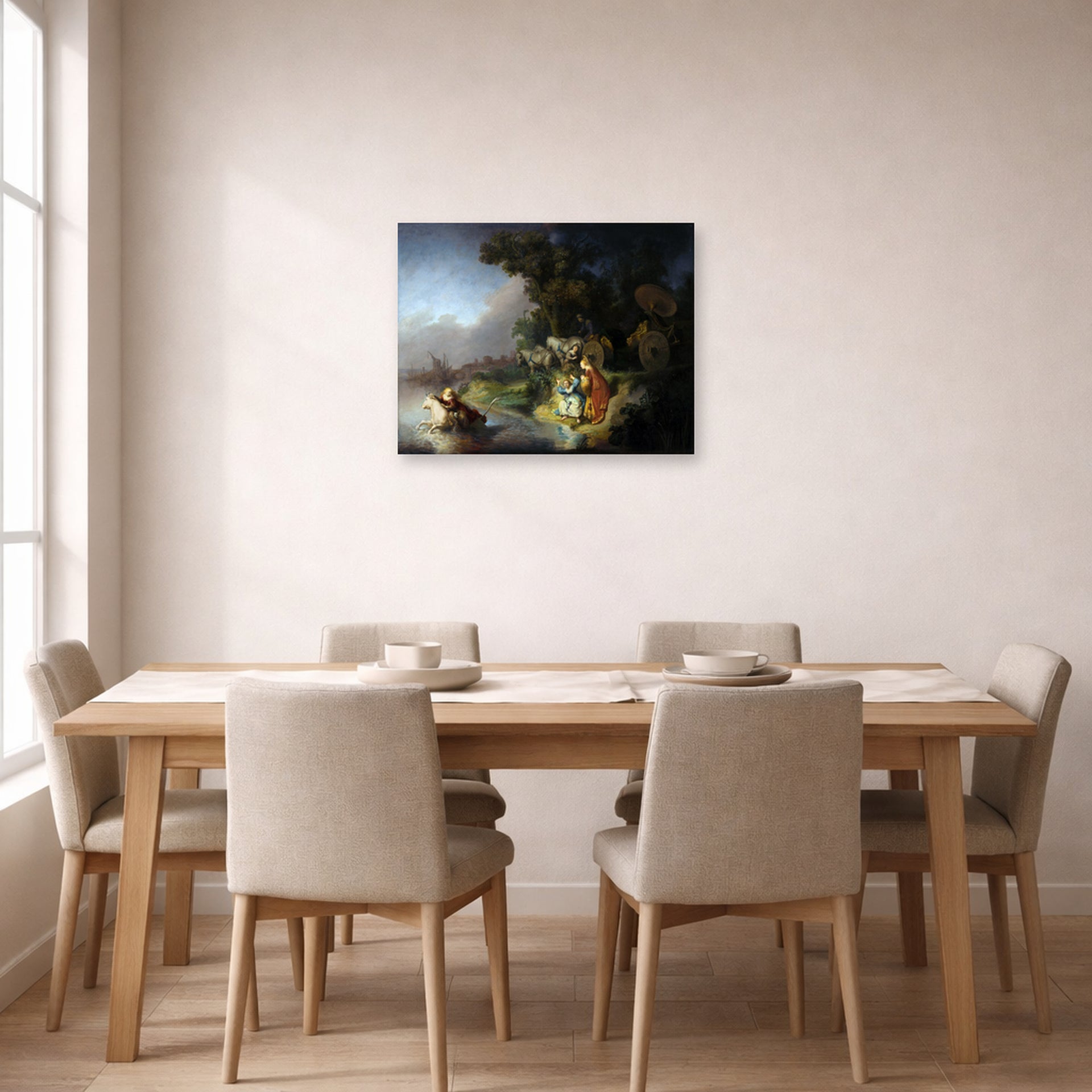 Unframed poster print of Rembrandt's The Abduction of Europa displayed on a wall in a dining room