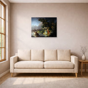 Unframed poster print of Rembrandt's The Abduction of Europa displayed on a wall in a living room