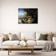 Unframed poster print of Rembrandt's The Abduction of Europa displayed on a wall in a living room