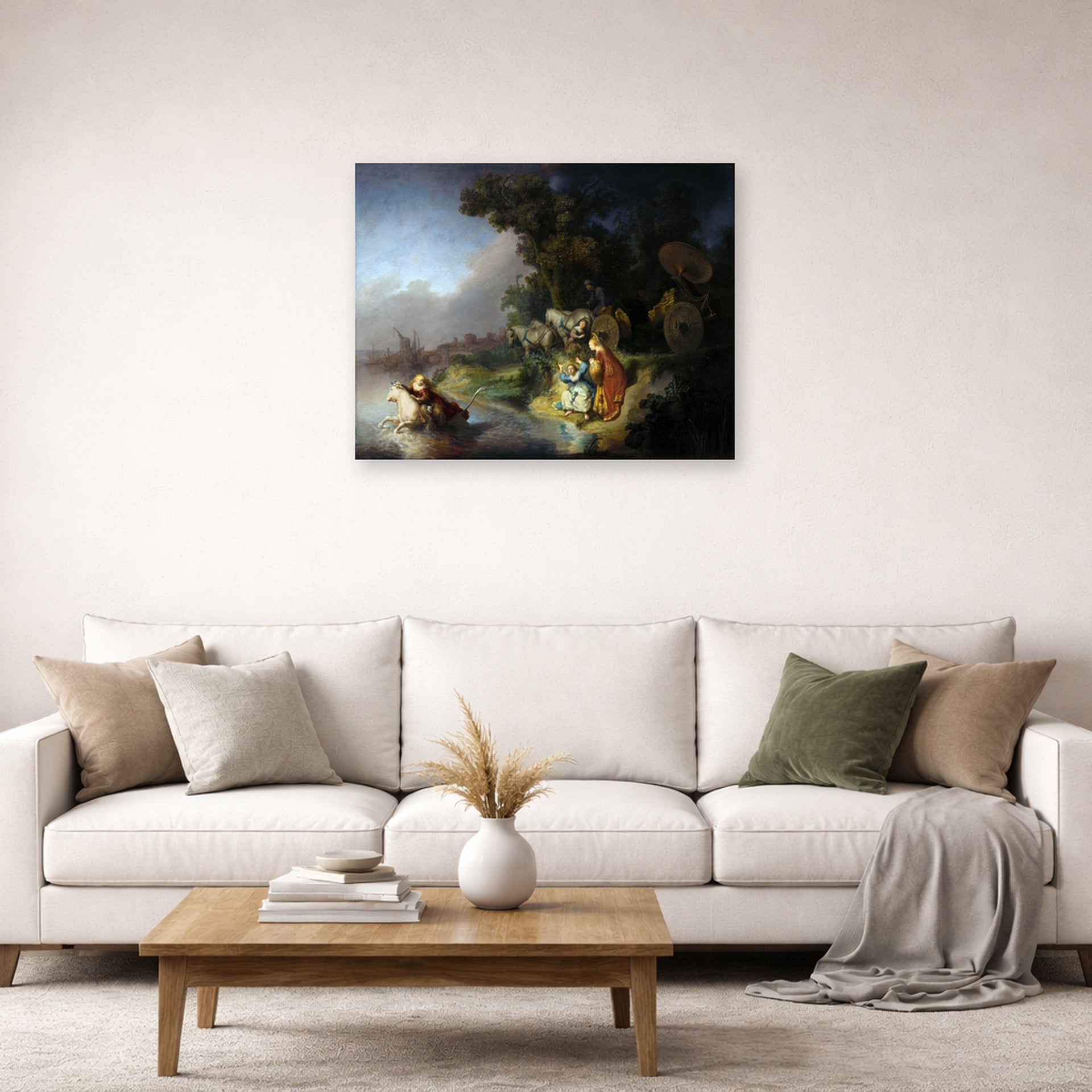 Unframed poster print of Rembrandt's The Abduction of Europa displayed on a wall in a living room