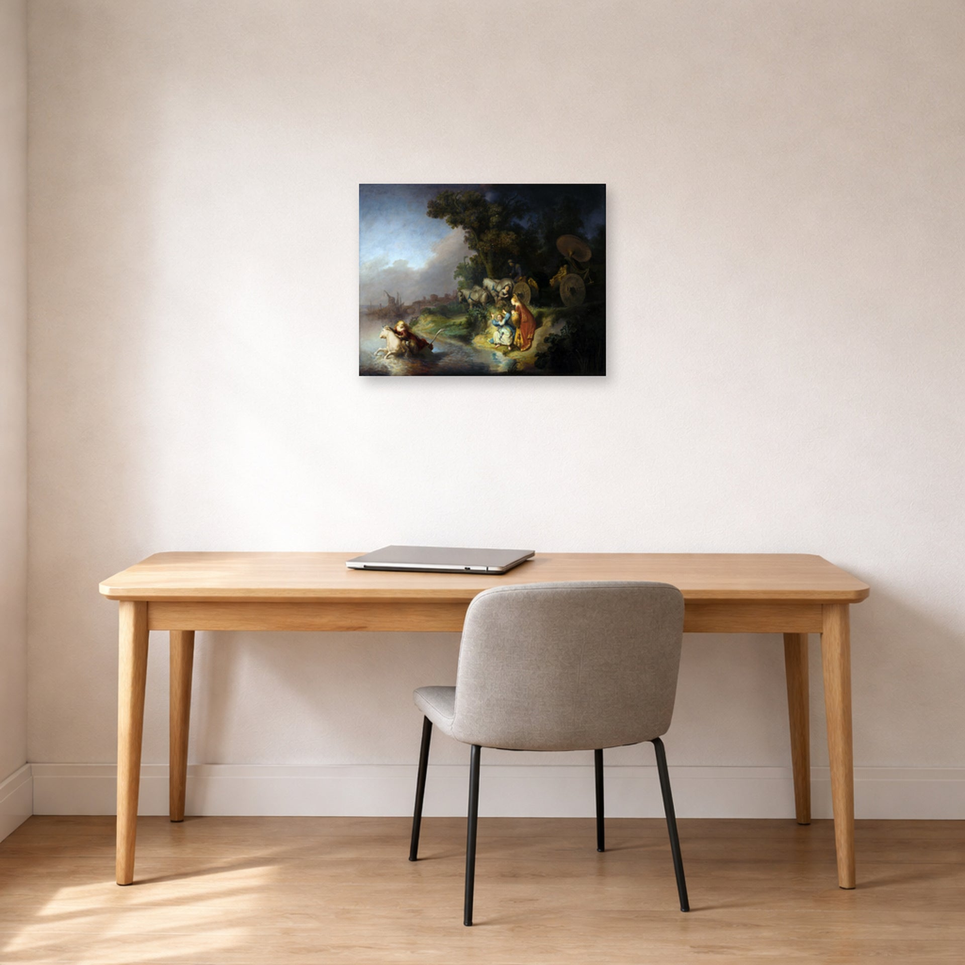 Unframed poster print of Rembrandt's The Abduction of Europa displayed on a wall in an office