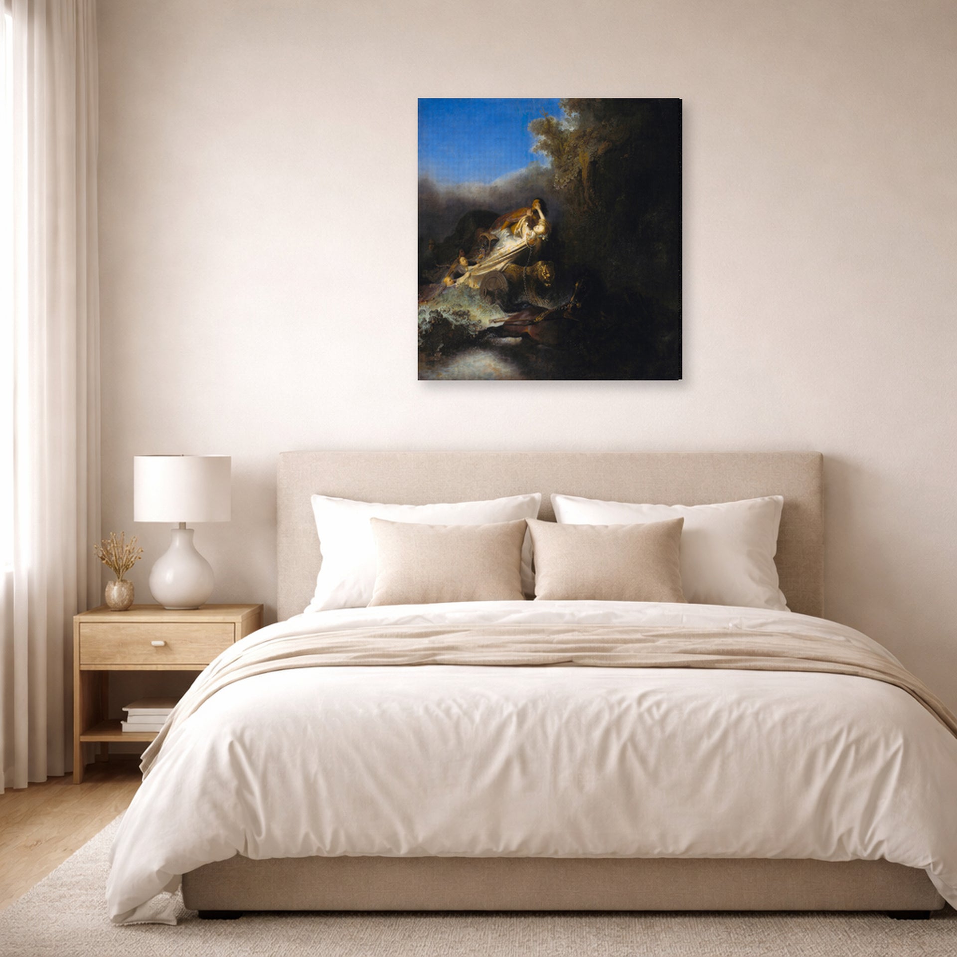 Gallery-wrapped canvas print of Rembrandt's The Abduction of Proserpina displayed on a wall in a bedroom