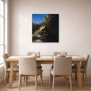 Gallery-wrapped canvas print of Rembrandt's The Abduction of Proserpina displayed on a wall in a dining room