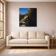 Gallery-wrapped canvas print of Rembrandt's The Abduction of Proserpina displayed on a wall in a living room