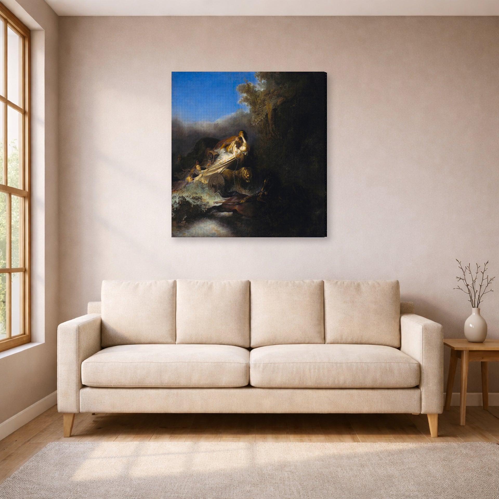 Gallery-wrapped canvas print of Rembrandt's The Abduction of Proserpina displayed on a wall in a living room