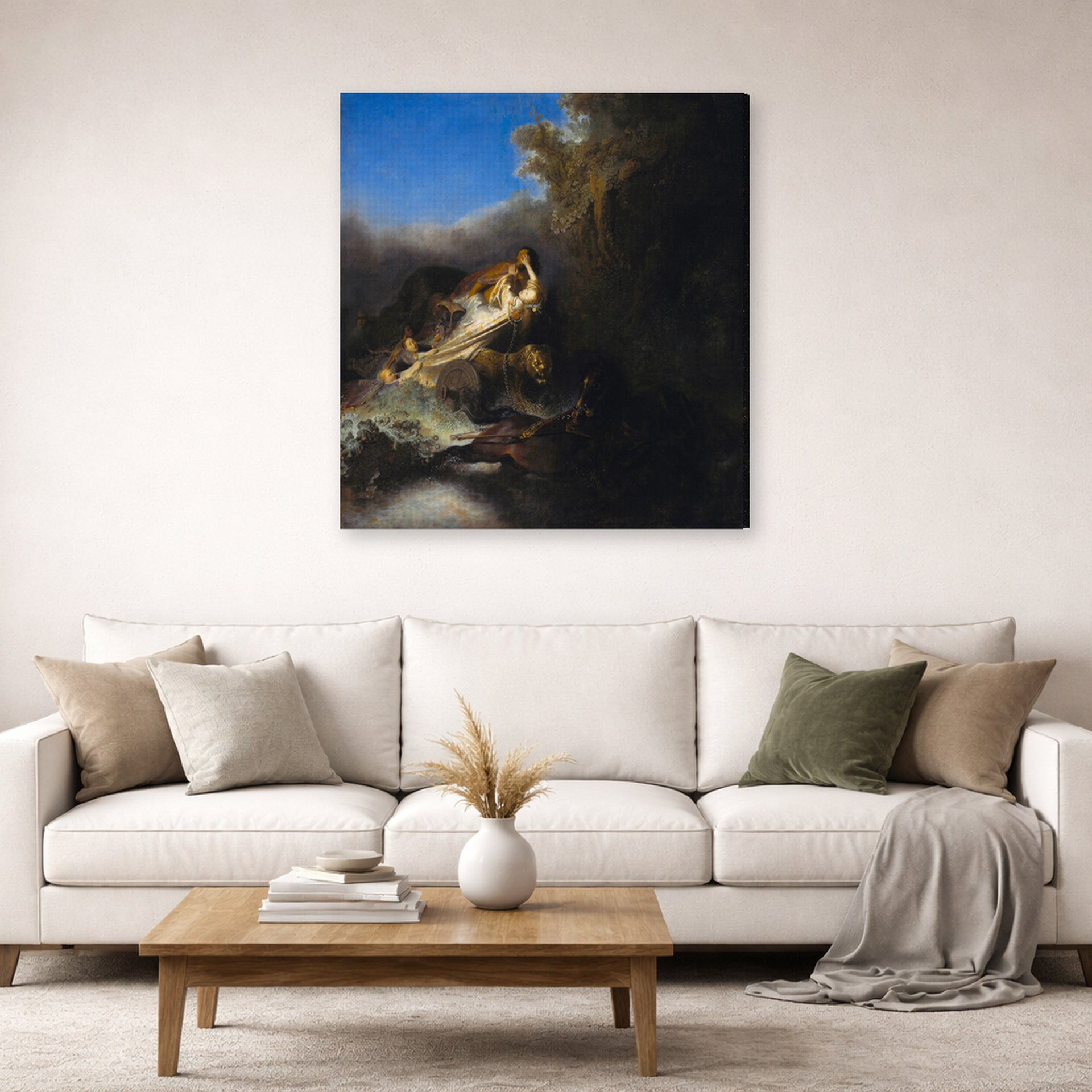Gallery-wrapped canvas print of Rembrandt's The Abduction of Proserpina displayed on a wall in a living room