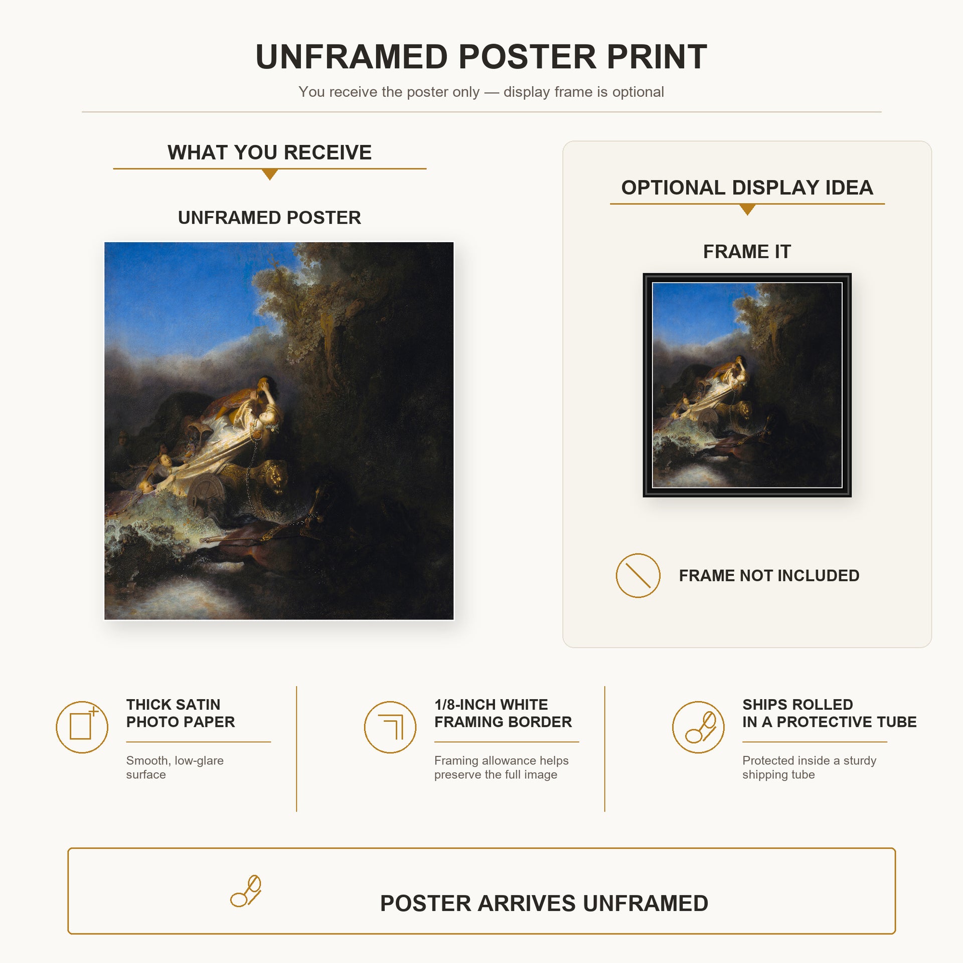 Rembrandt - The Abduction of Proserpina poster print size comparison and framing display infographic