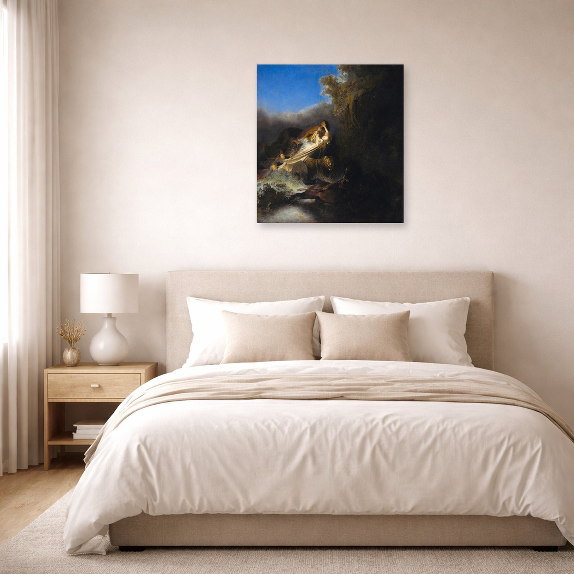 Unframed poster print of Rembrandt's The Abduction of Proserpina displayed on a wall in a bedroom