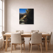 Unframed poster print of Rembrandt's The Abduction of Proserpina displayed on a wall in a dining room