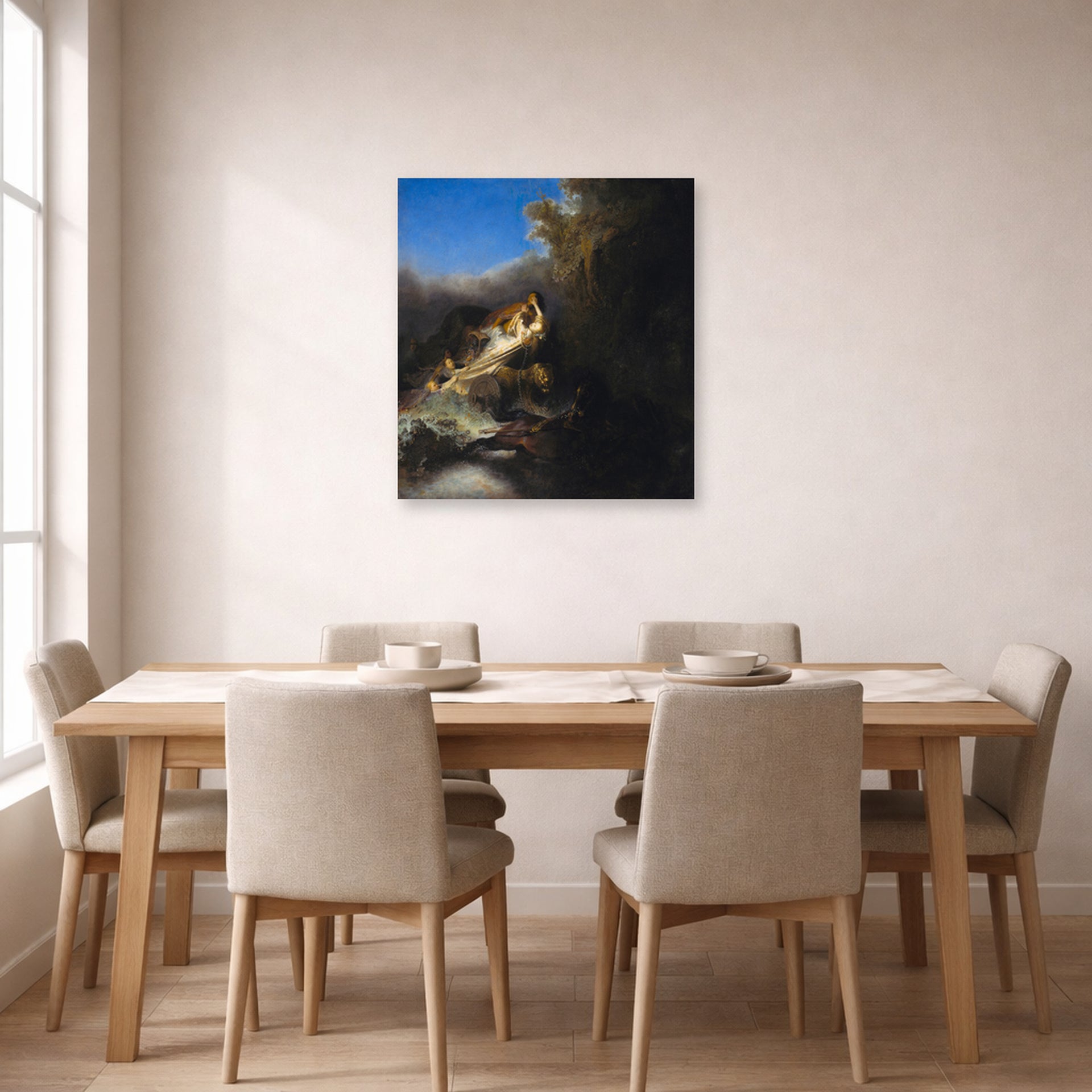 Unframed poster print of Rembrandt's The Abduction of Proserpina displayed on a wall in a dining room