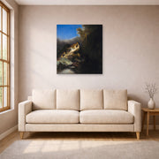 Unframed poster print of Rembrandt's The Abduction of Proserpina displayed on a wall in a living room