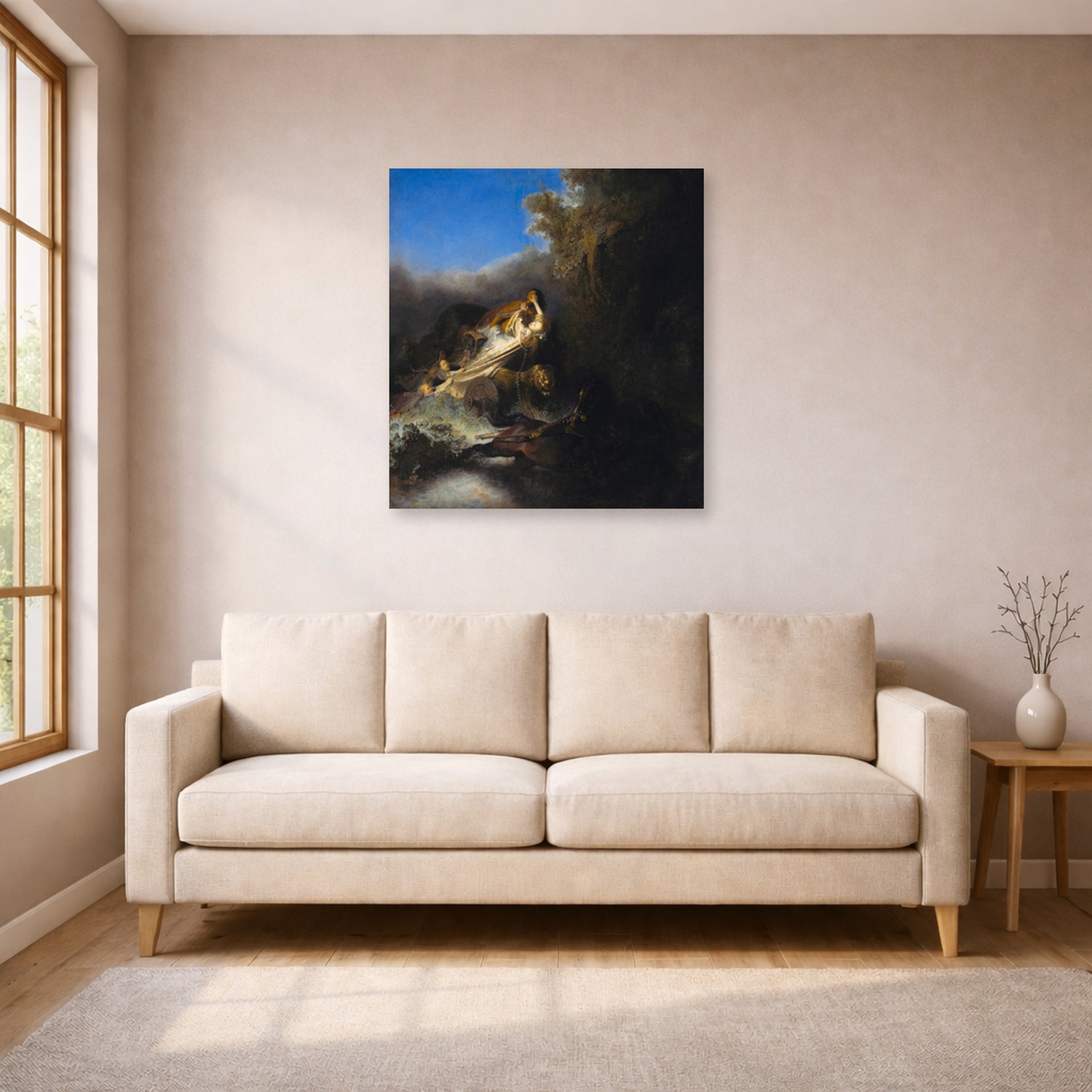 Unframed poster print of Rembrandt's The Abduction of Proserpina displayed on a wall in a living room