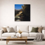 Unframed poster print of Rembrandt's The Abduction of Proserpina displayed on a wall in a living room