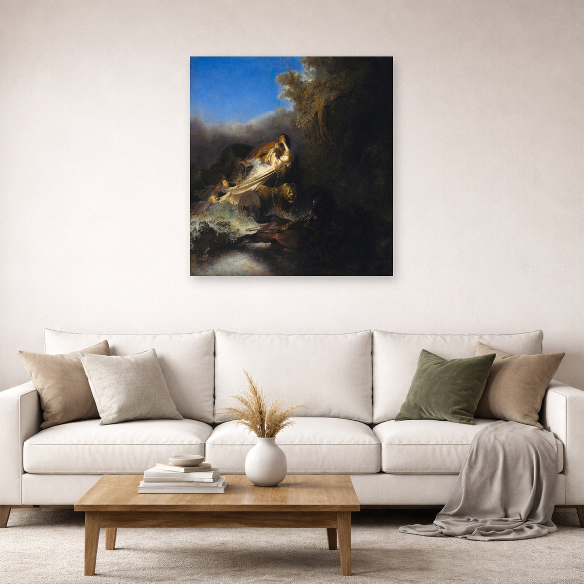 Unframed poster print of Rembrandt's The Abduction of Proserpina displayed on a wall in a living room