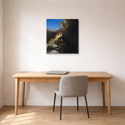 Unframed poster print of Rembrandt's The Abduction of Proserpina displayed on a wall in an office