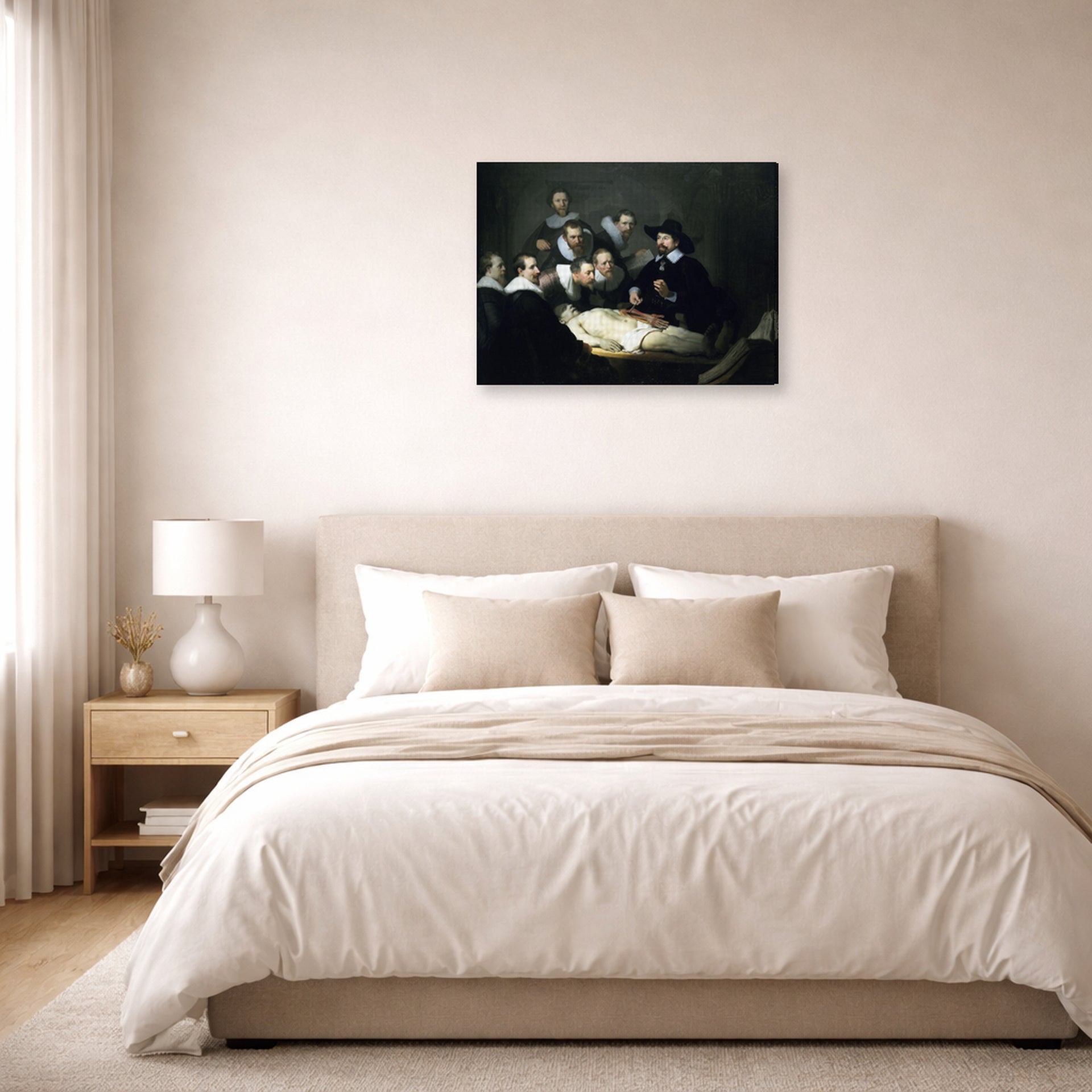 Gallery-wrapped canvas print of Rembrandt's The Anatomy Lesson of Dr. Nicolaes Tulp displayed on a wall in a bedroom