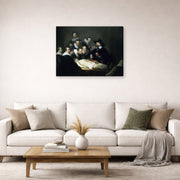 Gallery-wrapped canvas print of Rembrandt's The Anatomy Lesson of Dr. Nicolaes Tulp displayed on a wall in a living room
