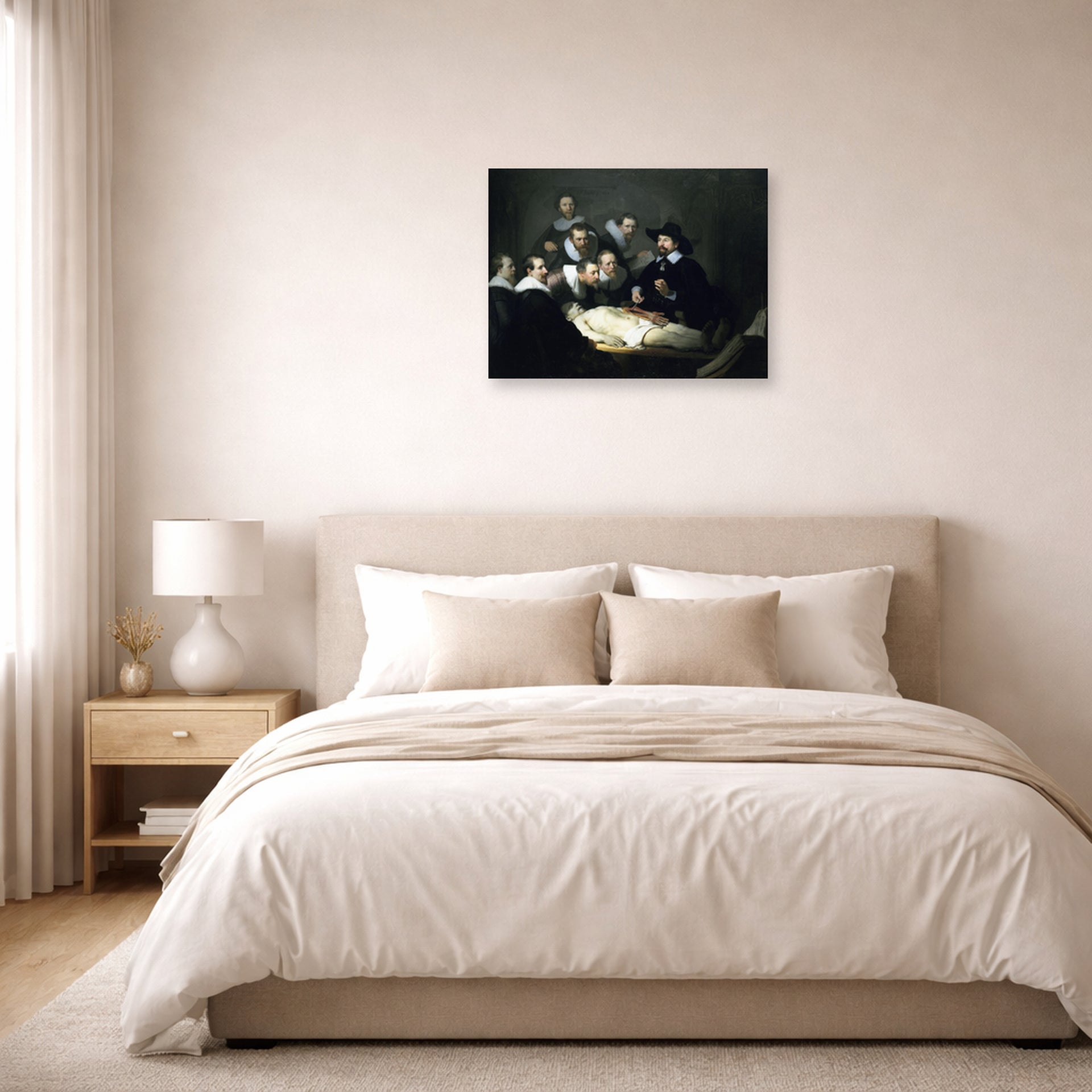 Unframed poster print of Rembrandt's The Anatomy Lesson of Dr. Nicolaes Tulp displayed on a wall in a bedroom