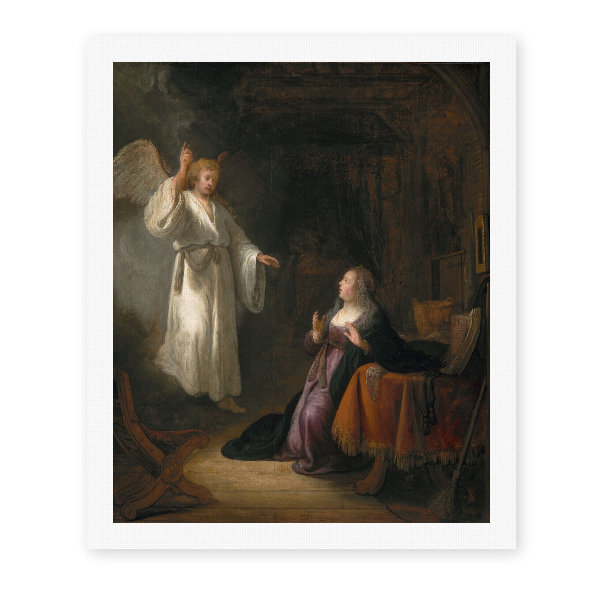 Rembrandt's 'The Annunciation' painting reproduced as a rolled canvas print