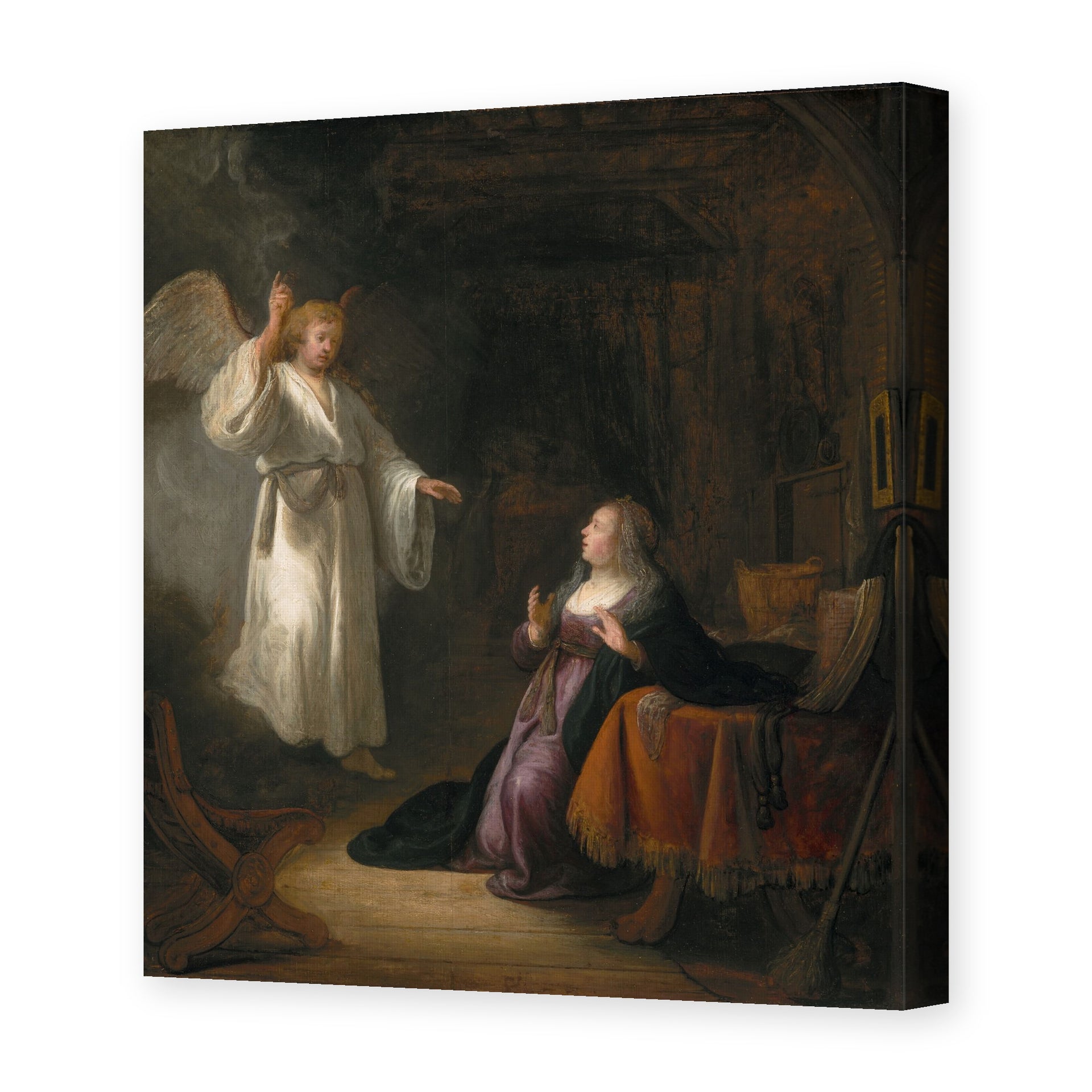 Rembrandt's 'The Annunciation' painting reproduced as a gallery-wrapped canvas print