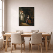 Gallery-wrapped canvas print of Rembrandt's The Annunciation displayed on a wall in a dining room