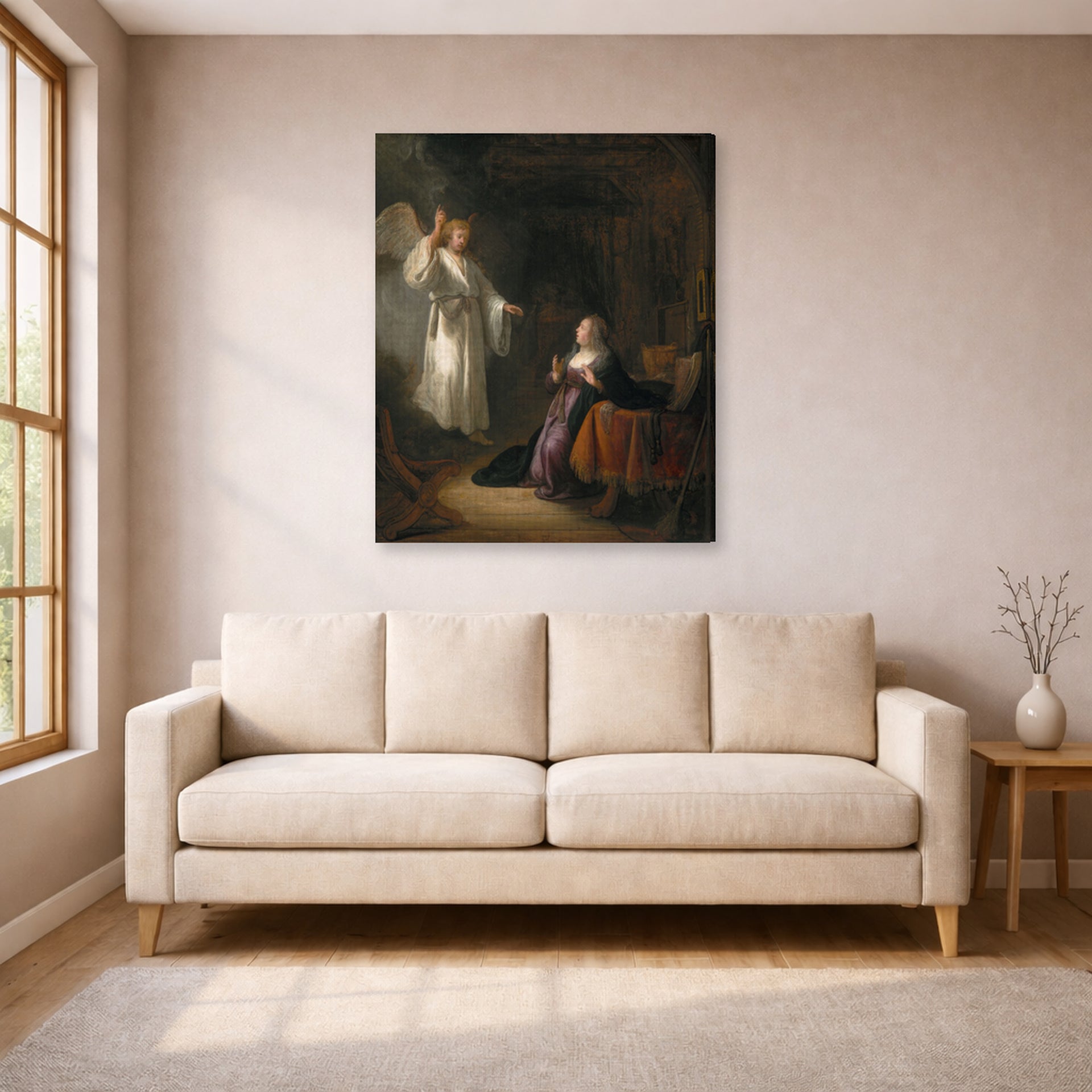 Gallery-wrapped canvas print of Rembrandt's The Annunciation displayed on a wall in a living room