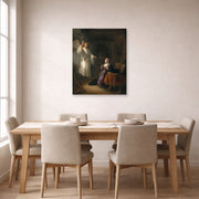 Unframed poster print of Rembrandt's The Annunciation displayed on a wall in a dining room