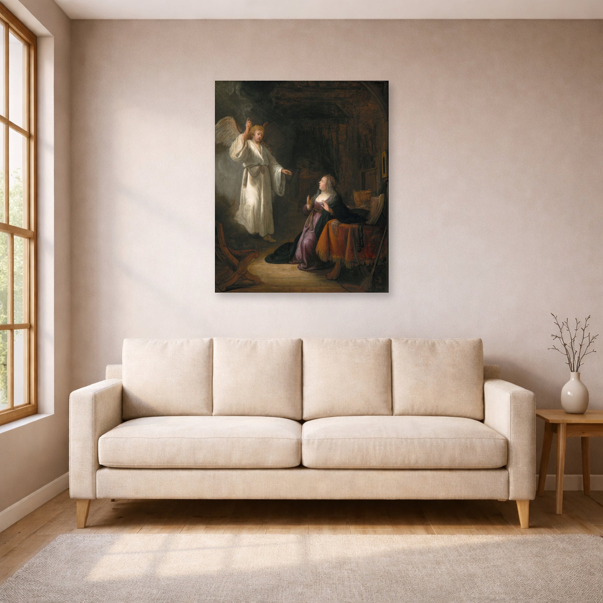 Unframed poster print of Rembrandt's The Annunciation displayed on a wall in a living room