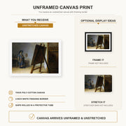 Rembrandt - The Artist in his Studio canvas print size comparison and framing display infographic