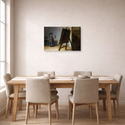 Gallery-wrapped canvas print of Rembrandt's The Artist in his Studio displayed on a wall in a dining room