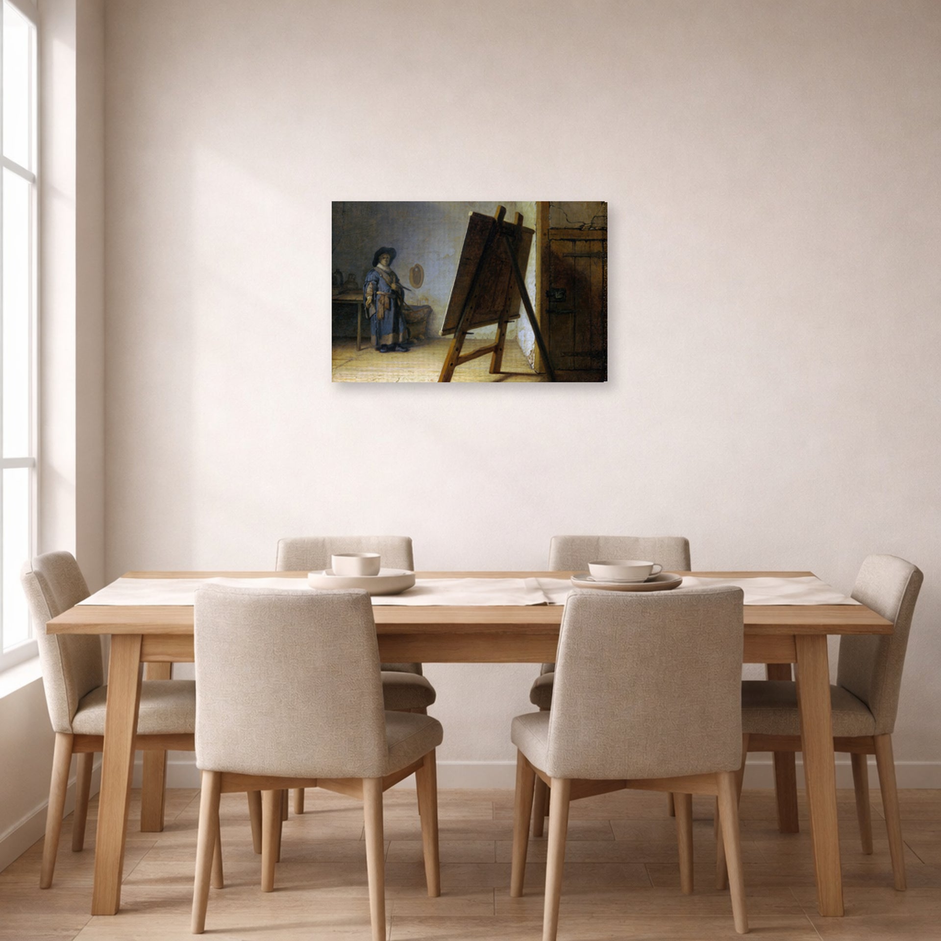 Gallery-wrapped canvas print of Rembrandt's The Artist in his Studio displayed on a wall in a dining room
