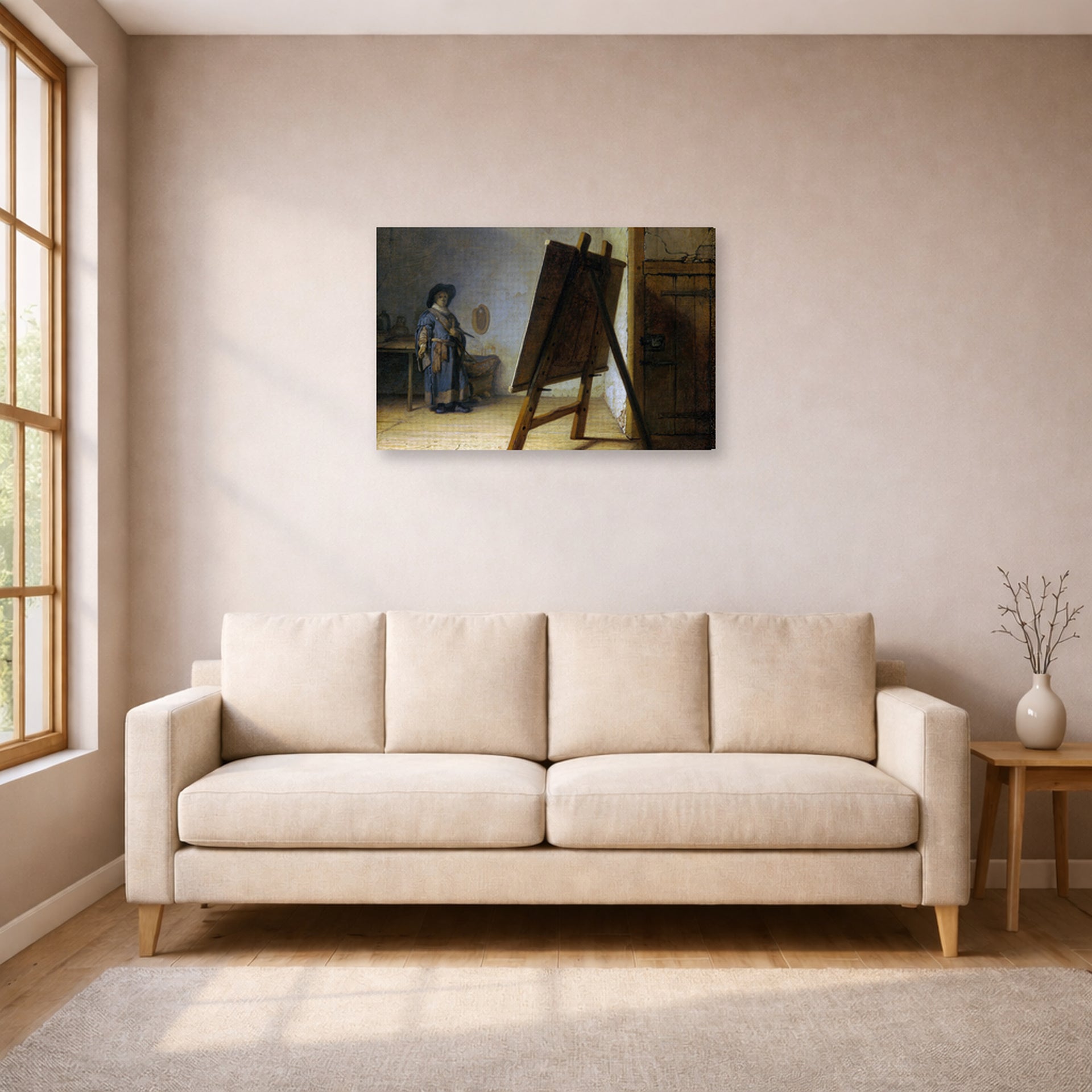 Gallery-wrapped canvas print of Rembrandt's The Artist in his Studio displayed on a wall in a living room