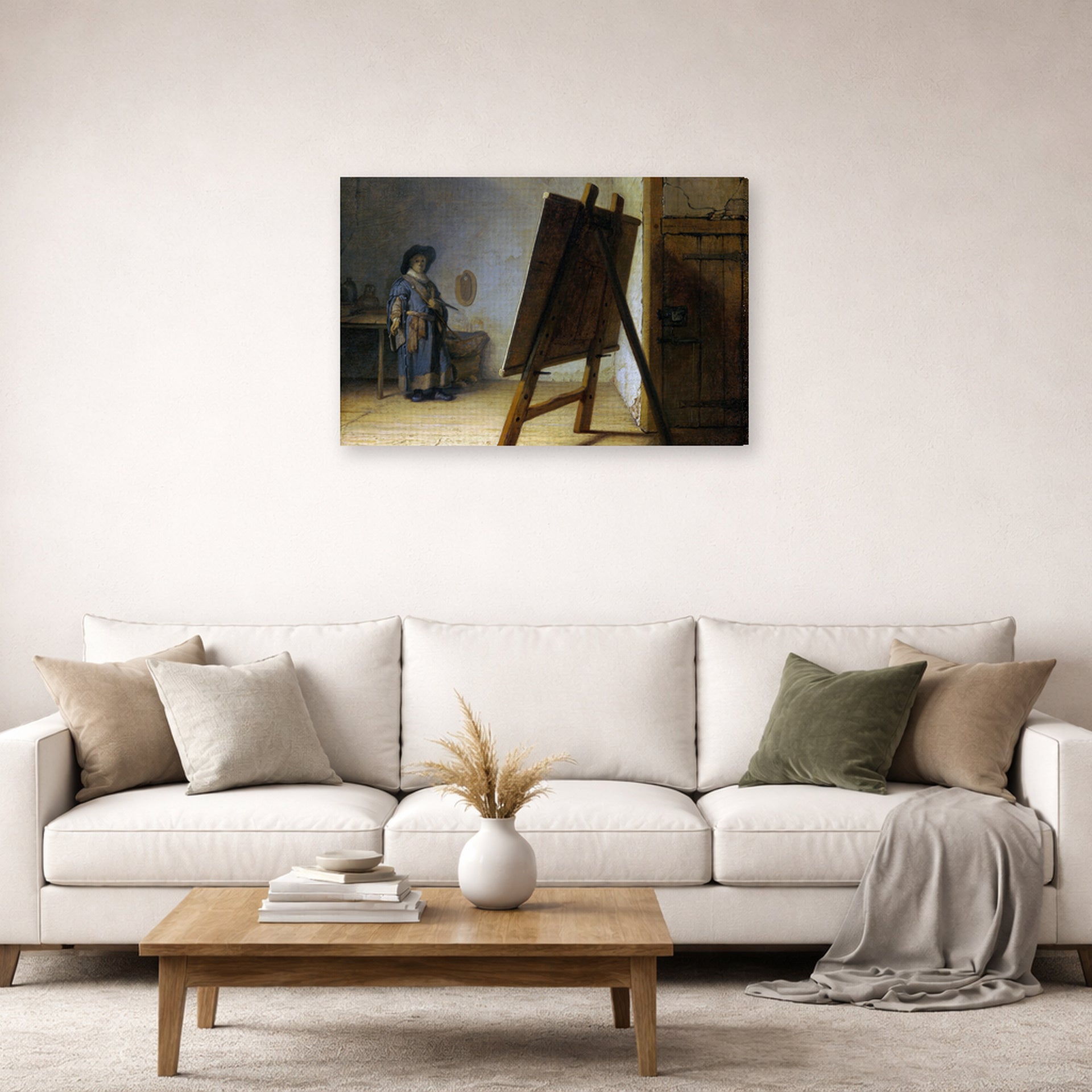 Gallery-wrapped canvas print of Rembrandt's The Artist in his Studio displayed on a wall in a living room