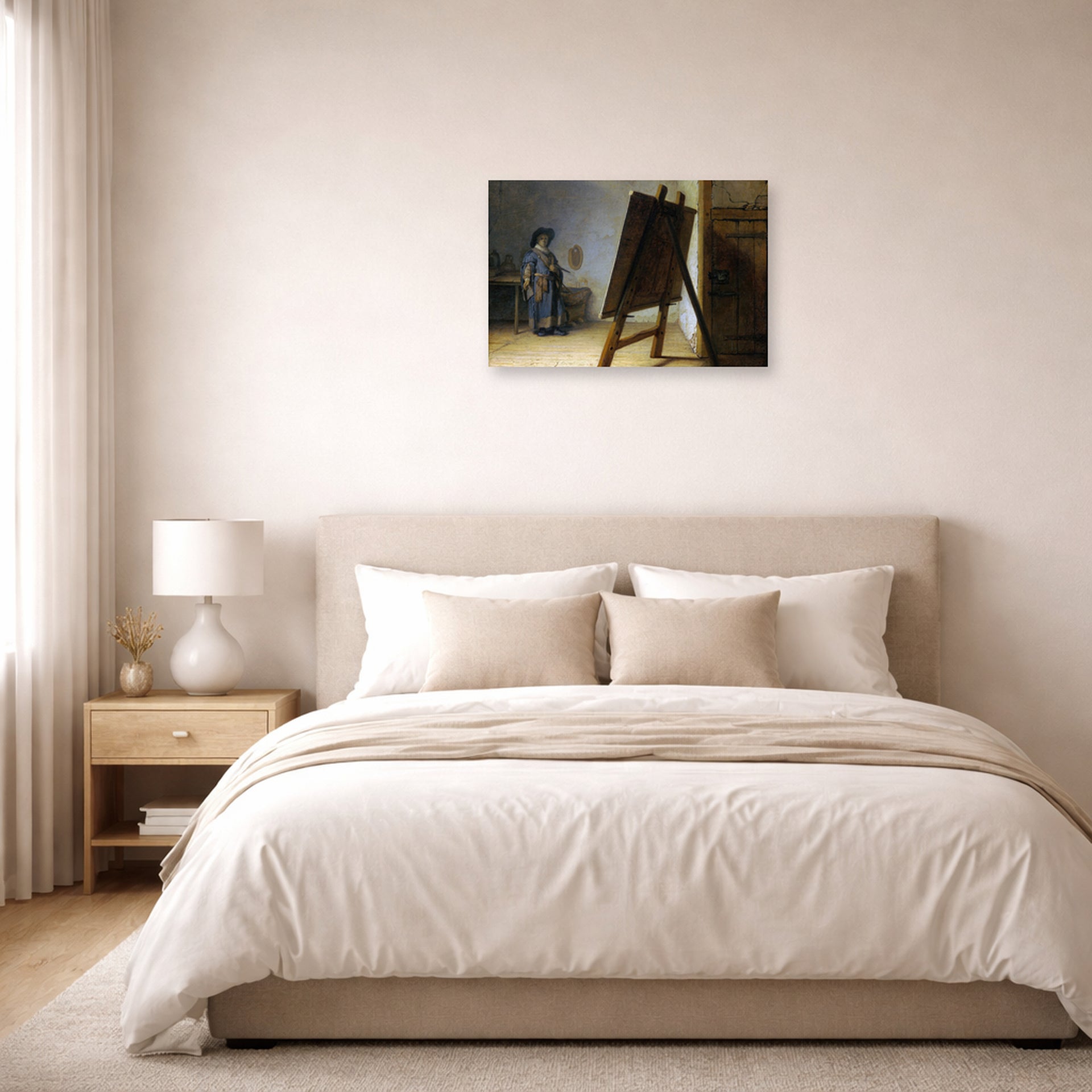 Unframed poster print of Rembrandt's The Artist in his Studio displayed on a wall in a bedroom