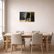 Unframed poster print of Rembrandt's The Artist in his Studio displayed on a wall in a dining room