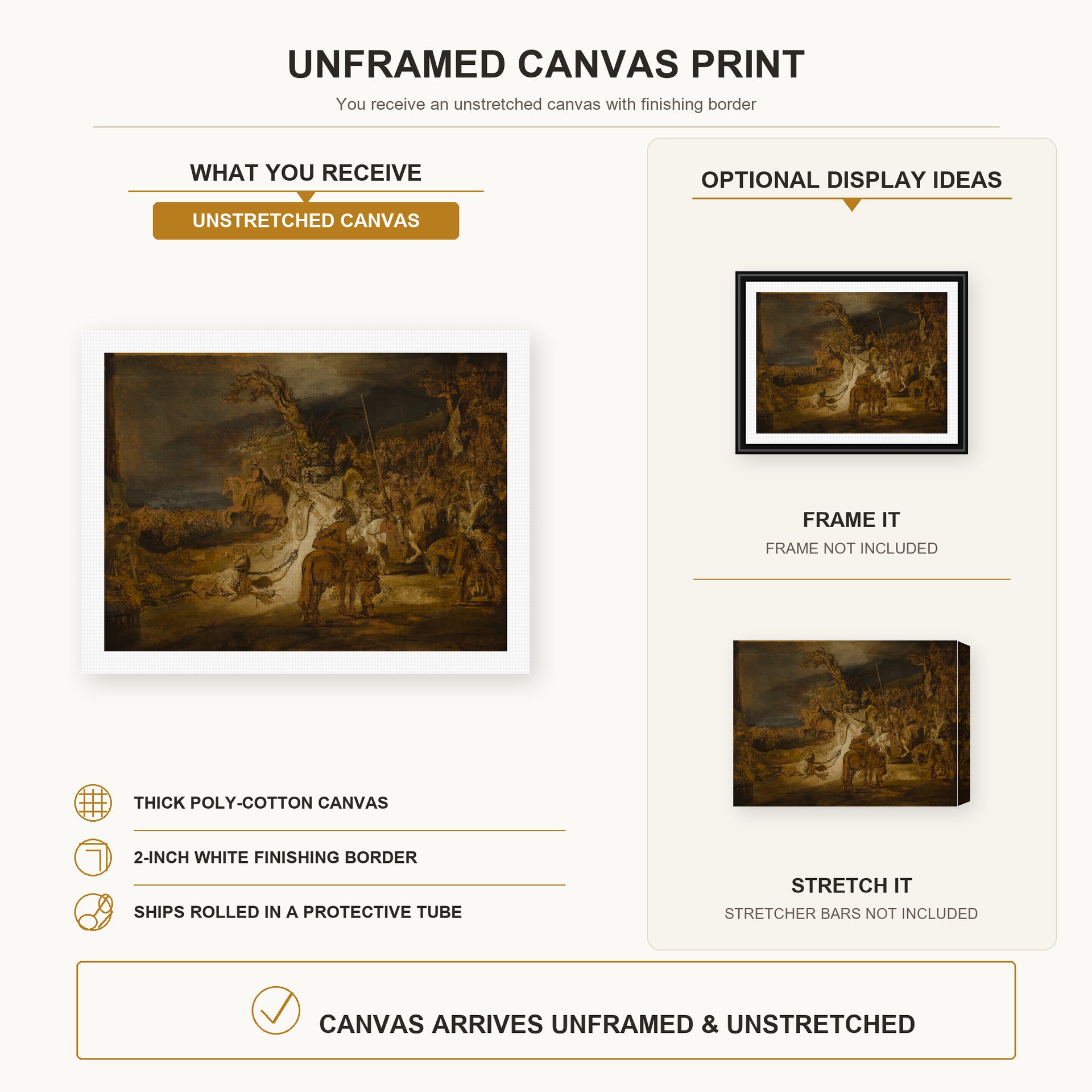 Rembrandt - The Concord of the State canvas print size comparison and framing display infographic