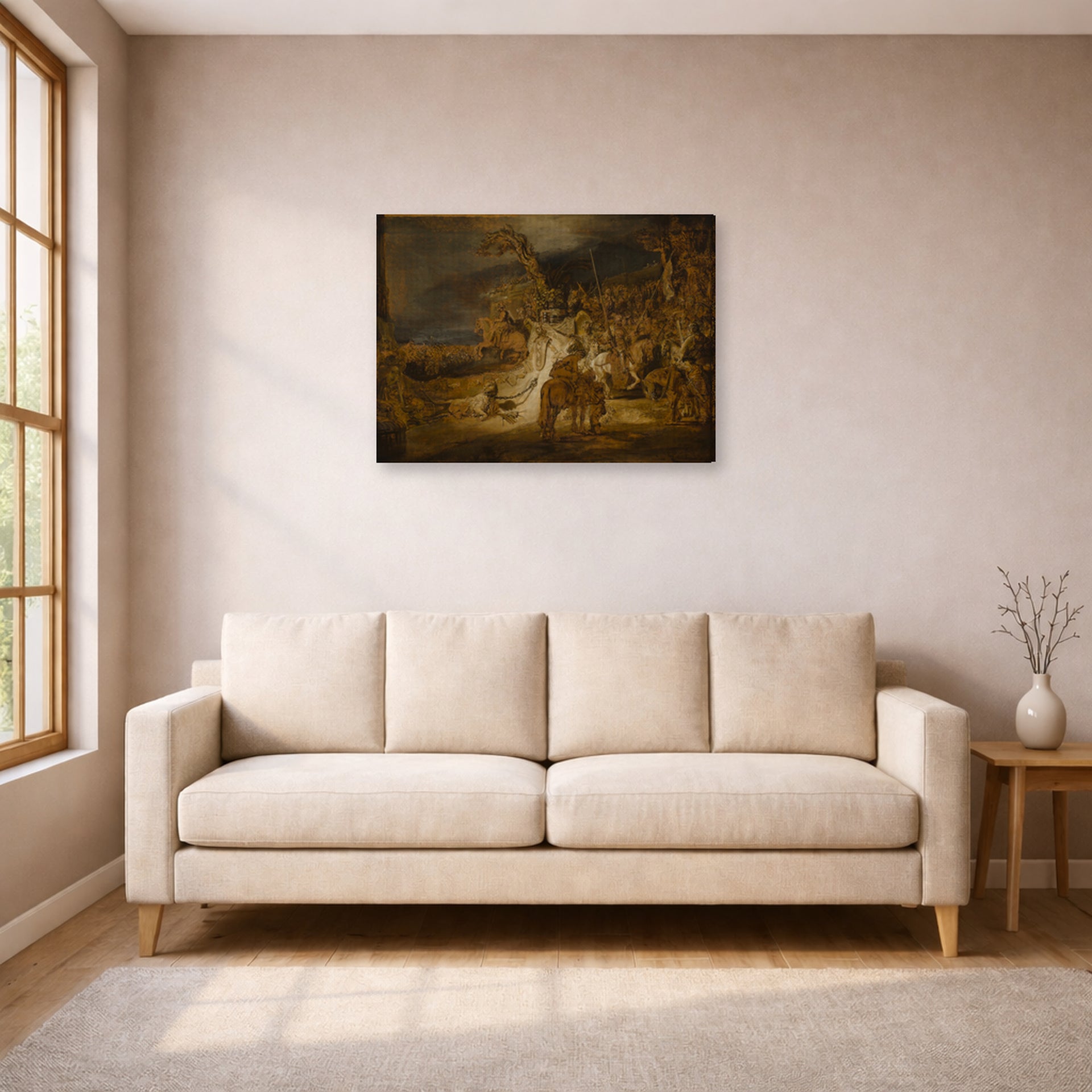 Gallery-wrapped canvas print of Rembrandt's The Concord of the State displayed on a wall in a living room