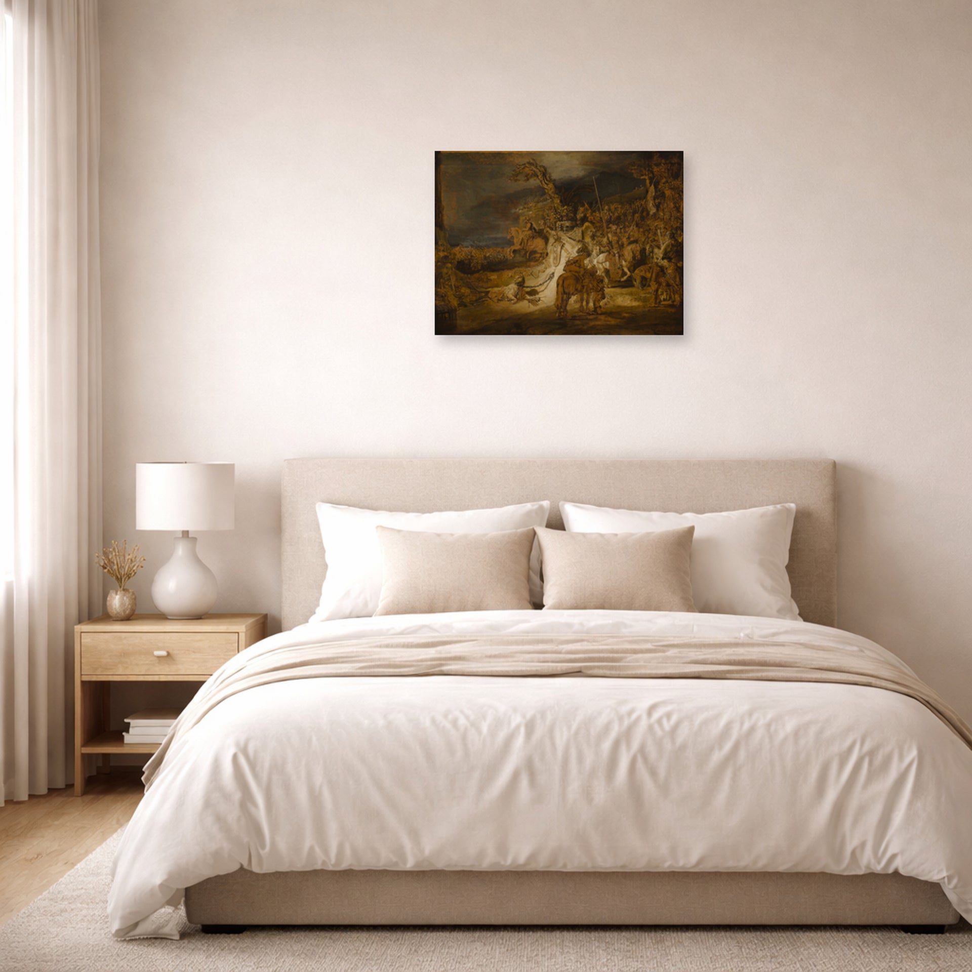 Unframed poster print of Rembrandt's The Concord of the State displayed on a wall in a bedroom