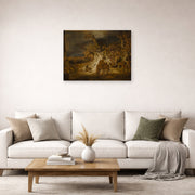 Unframed poster print of Rembrandt's The Concord of the State displayed on a wall in a living room