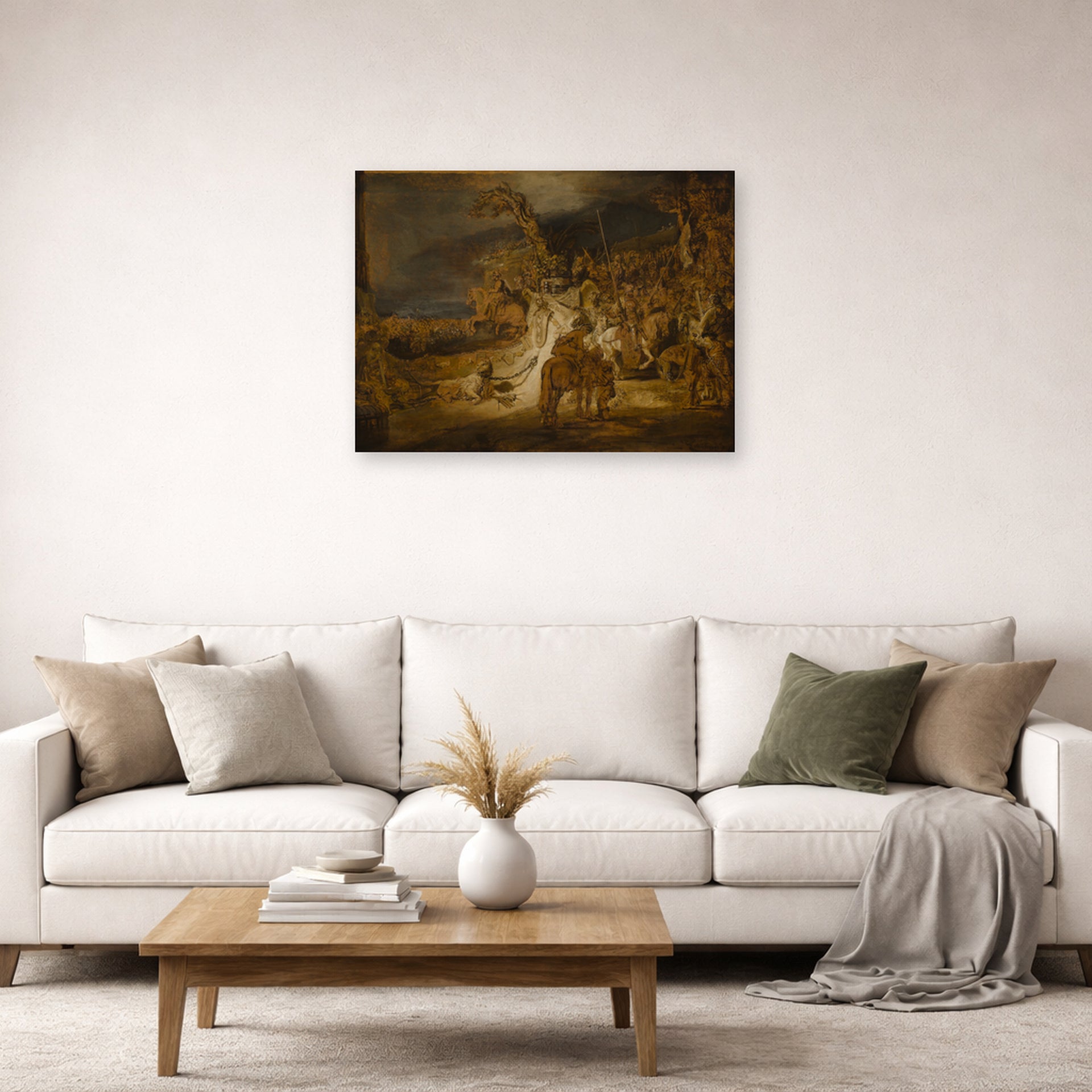 Unframed poster print of Rembrandt's The Concord of the State displayed on a wall in a living room