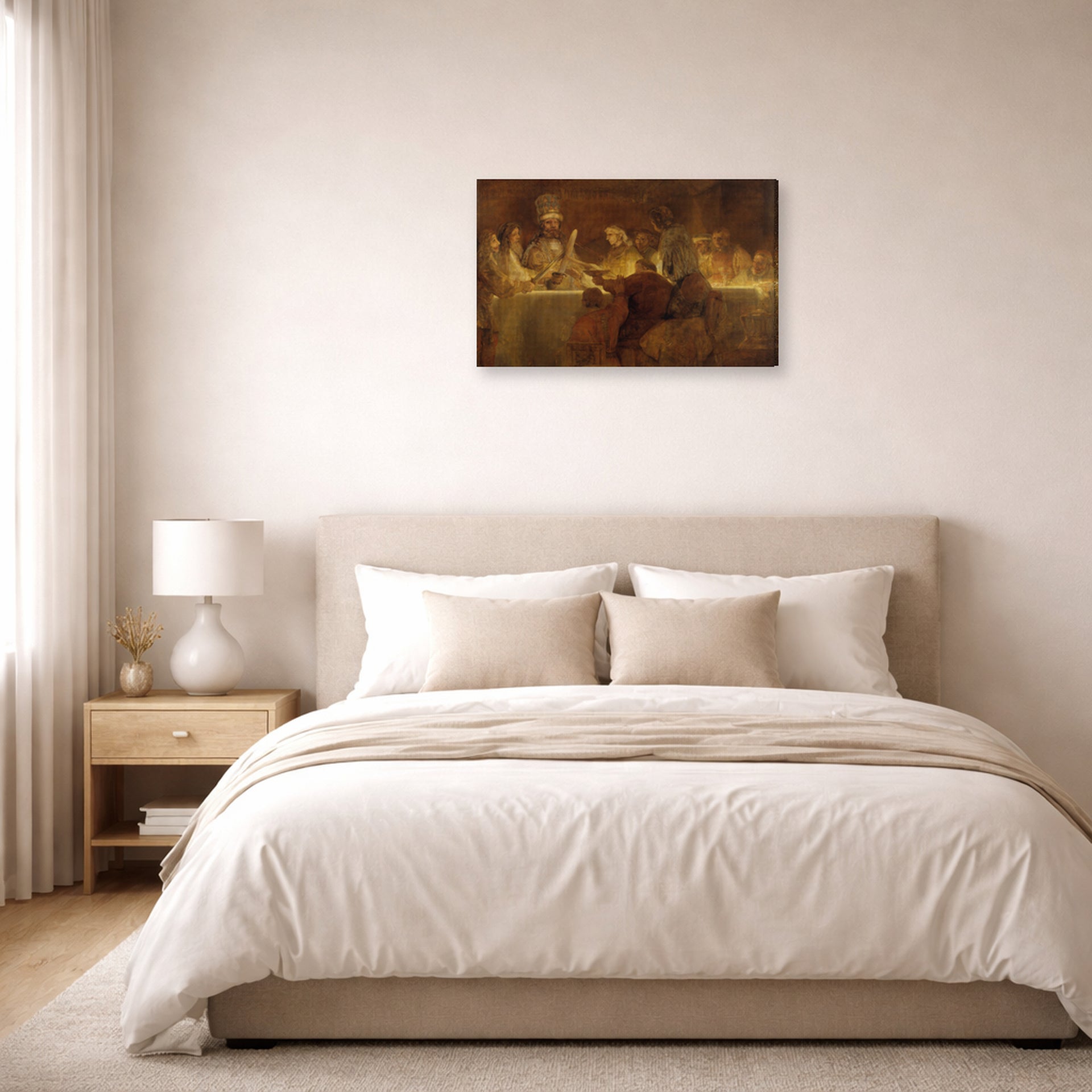 Gallery-wrapped canvas print of Rembrandt's The Conspiracy of Claudius Civilis displayed on a wall in a bedroom
