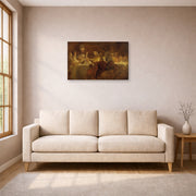 Gallery-wrapped canvas print of Rembrandt's The Conspiracy of Claudius Civilis displayed on a wall in a living room