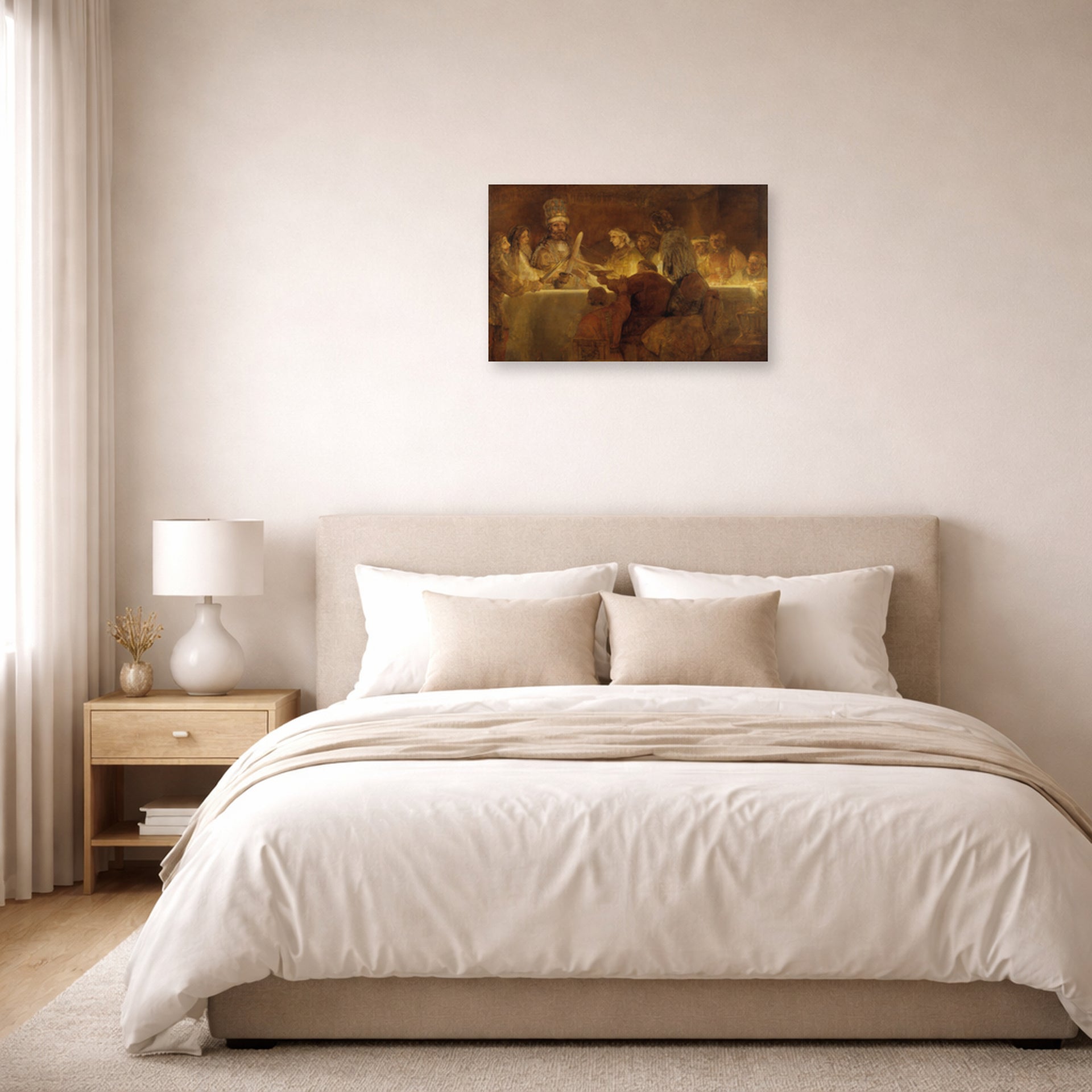 Unframed poster print of Rembrandt's The Conspiracy of Claudius Civilis displayed on a wall in a bedroom