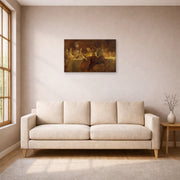 Unframed poster print of Rembrandt's The Conspiracy of Claudius Civilis displayed on a wall in a living room