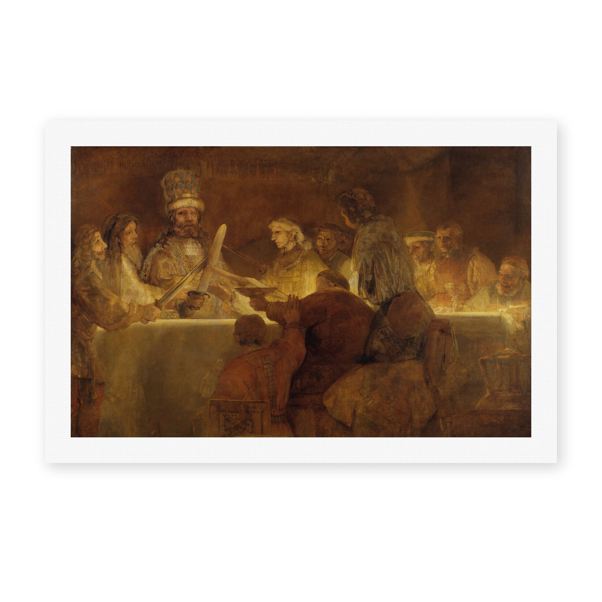 Rembrandt's 'The Conspiracy of Claudius' painting reproduced as a rolled canvas print